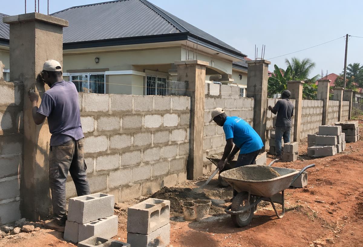 Masons building a block fence wall with concrete pillars