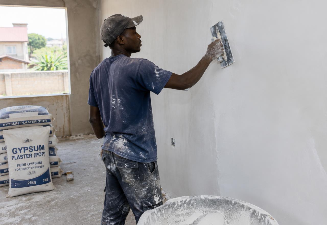 Plasterer smoothing gypsum POP plaster on a wall with a trowel