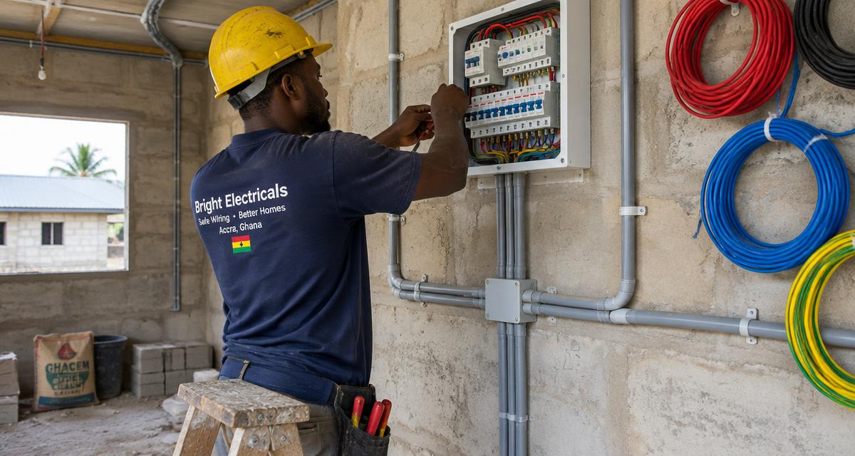 Electrician fitting conduit, cables and a distribution board in a house