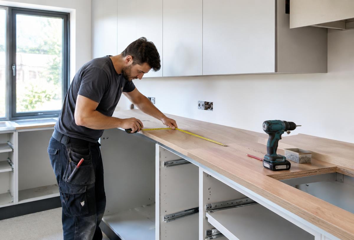 Carpenter measuring a worktop on new kitchen cabinets