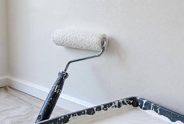 Paint roller and tray beside a freshly painted wall