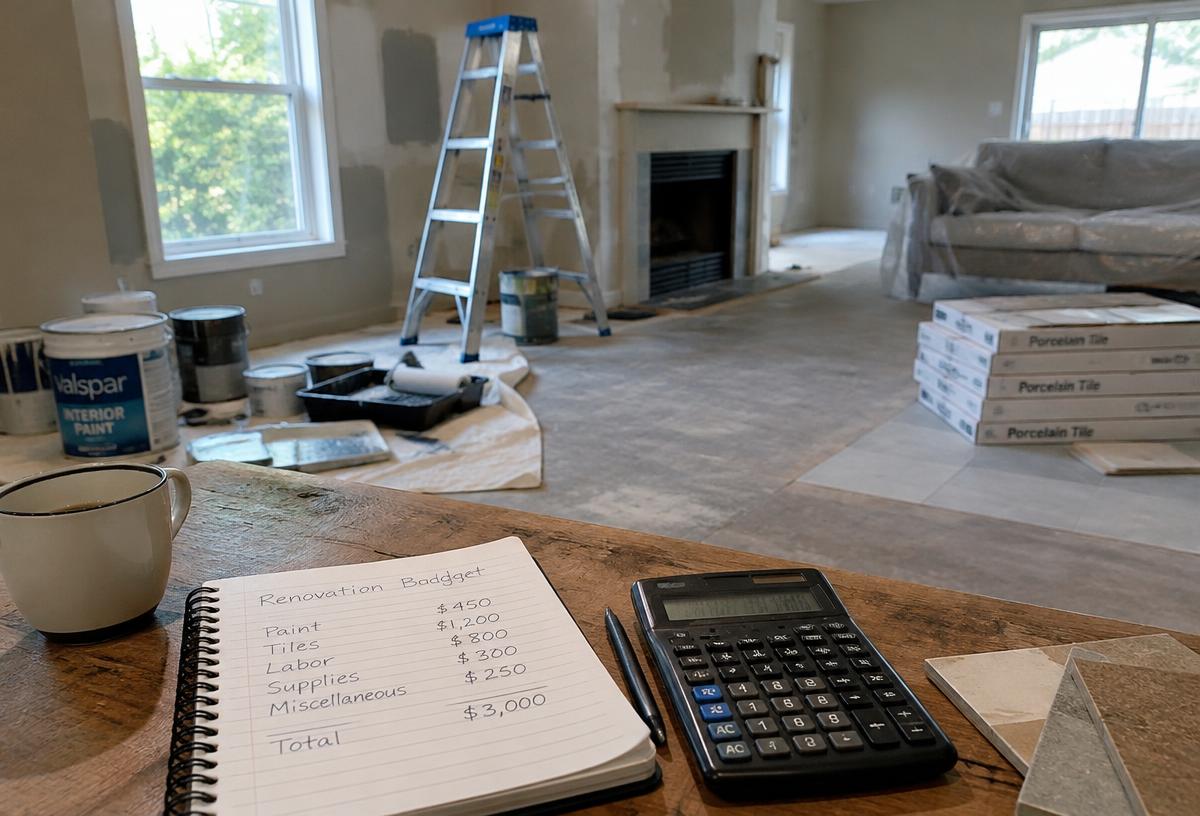 Renovation budget notebook and calculator in a room being renovated