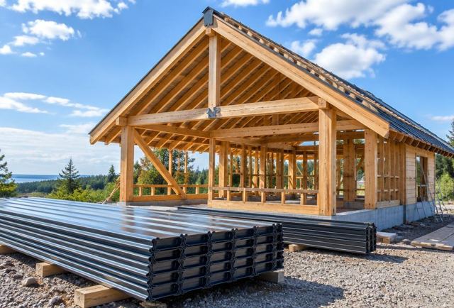 Timber roof frame and metal roofing sheets