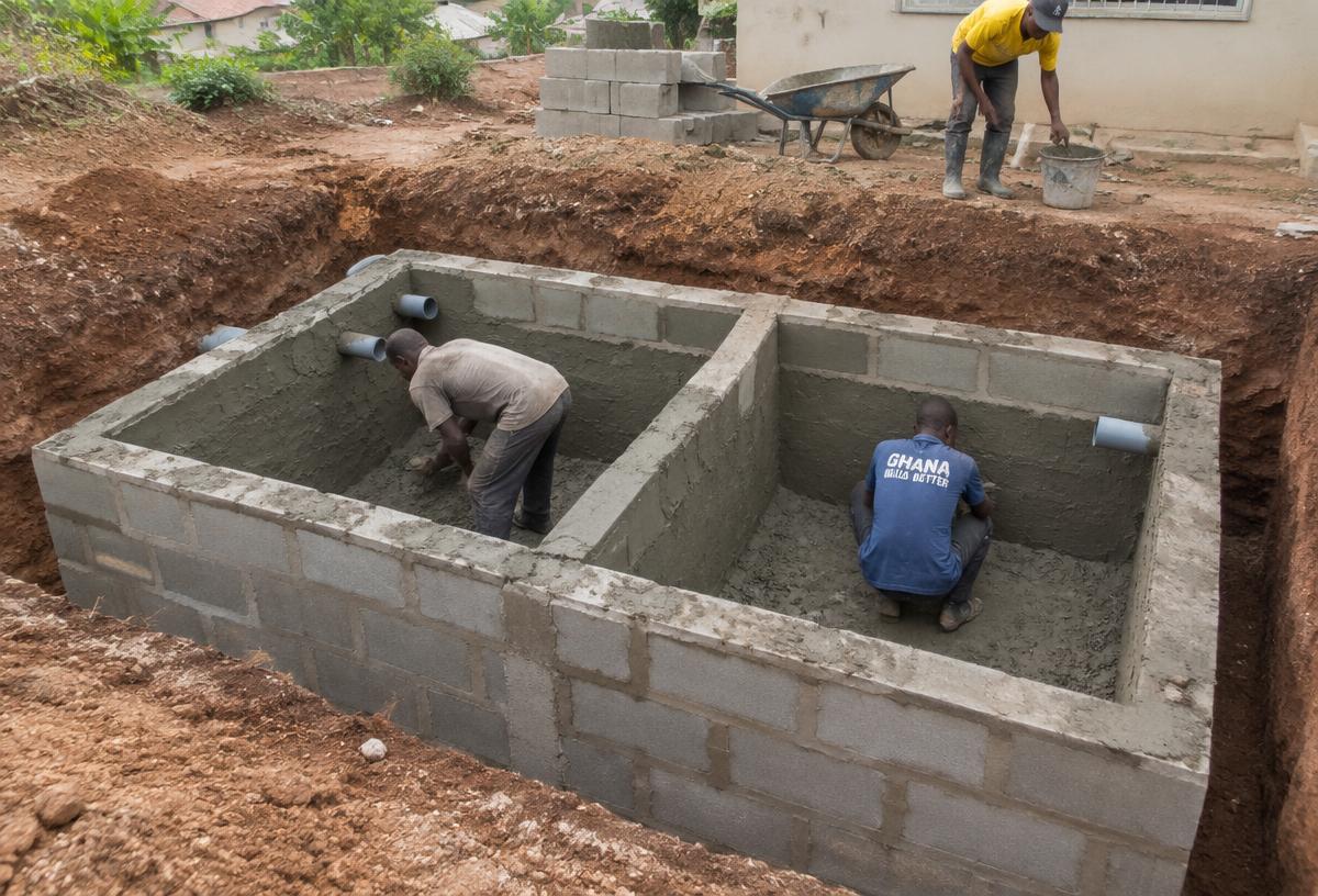 Workers plastering a two-chamber block septic tank