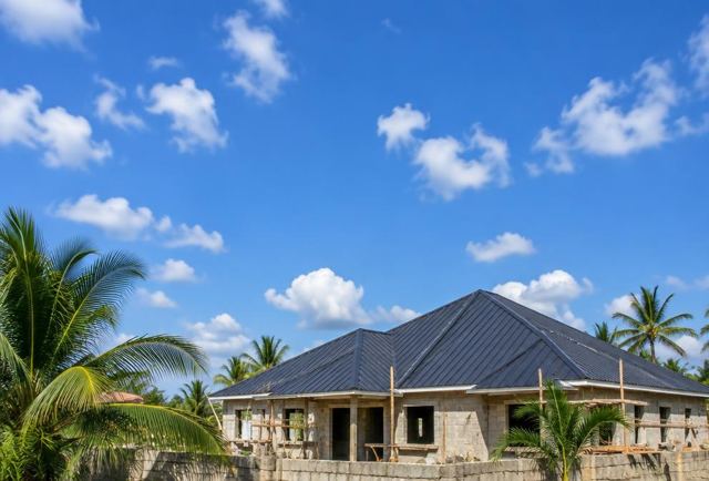 Sunny sky above a Ghana residential construction site